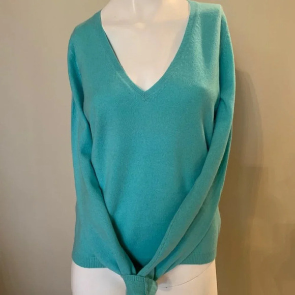 Holt Renfrew Classic Lg Sleeve V Neck 100% Cashmere Sweater Turquoise Blue Sz M - Picture 2 of 4